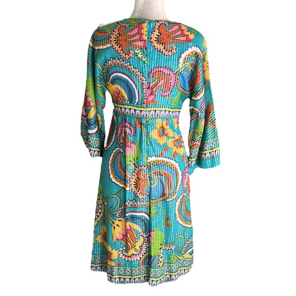 Trina Turk Floral & Metallic Silver Striped 3/4 Bell Sleeve Midi Dress - 4 - Picture 6 of 11
